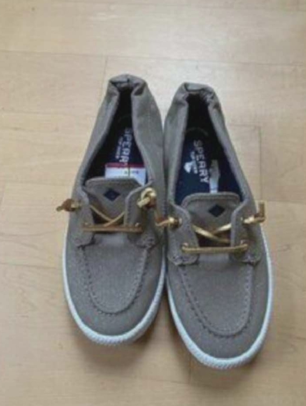 Sperry Taupe Canvas Boat Shoes with Gold Accents